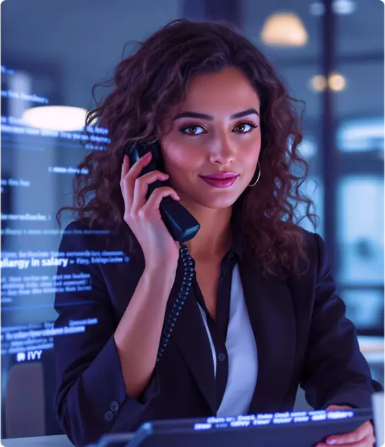 Recruiter speaking on a desk phone in a modern office, representing IVY, Octopyd's AI hiring agent